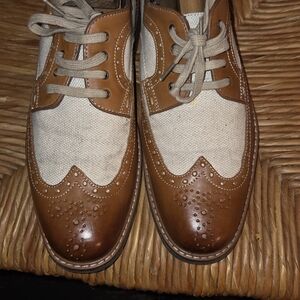 Johnston & Murphy Men's Two-Tone Brown Leather & Cream Canvas Wingtip Oxfords